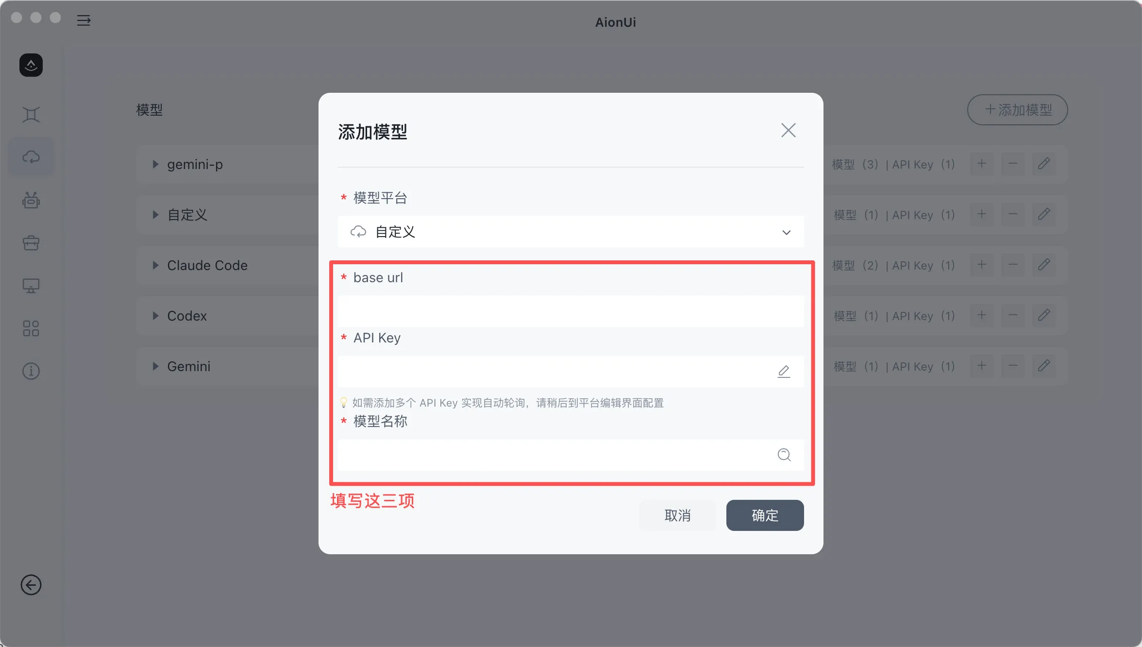 AionUi 填入配置信息